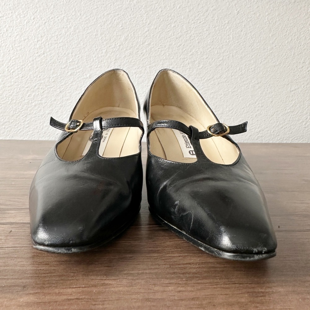 Etienne Aigner Retro Leather Black T-Strap Athena Heels Women's Size 7M - Picture 2 of 10